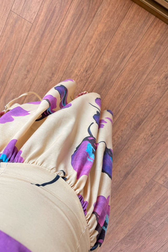 Yellow-Purple Floral Strapless Dress