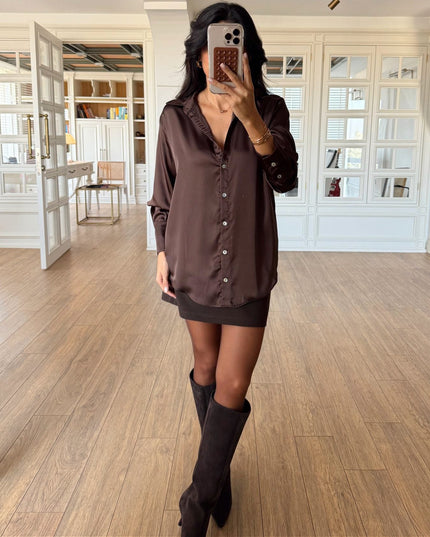 Brown Buttoned Satin Shirt