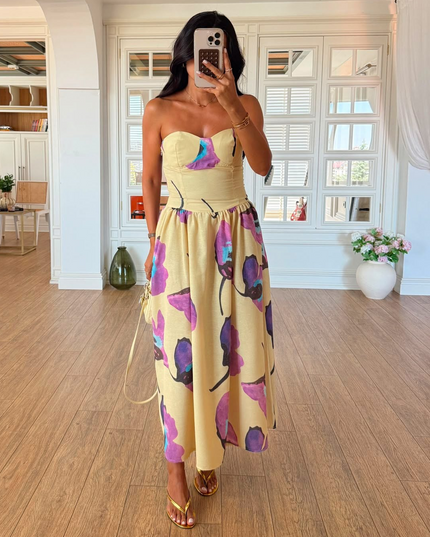 Yellow-Purple Floral Strapless Dress