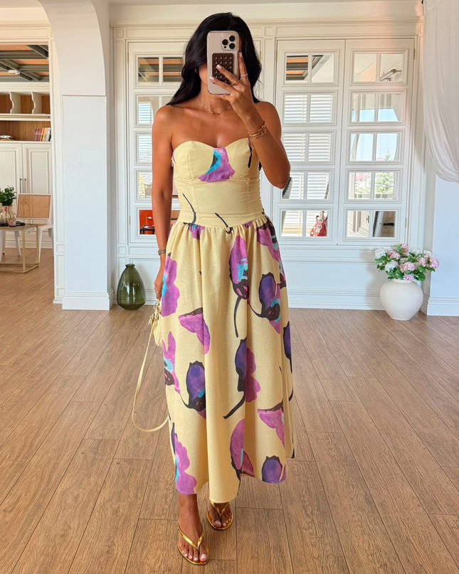Yellow-Purple Floral Strapless Dress