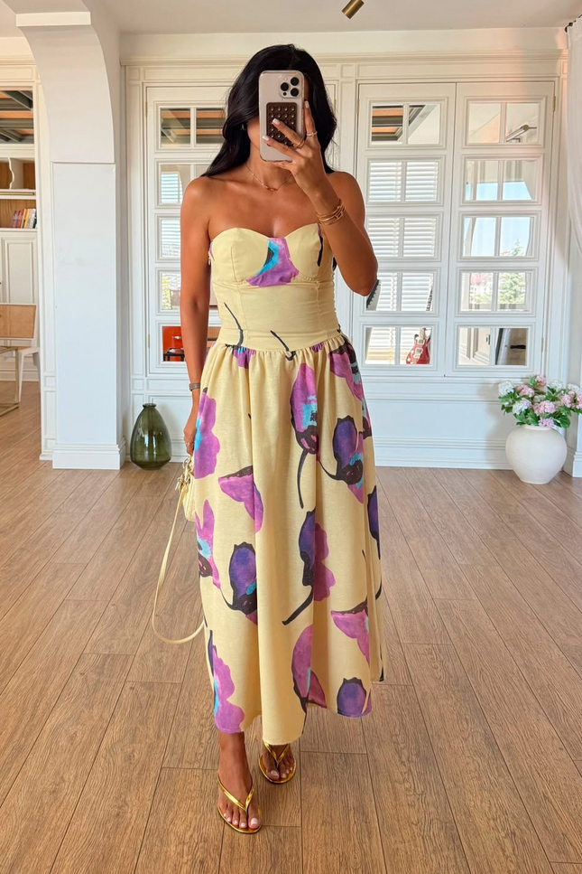 Yellow-Purple Floral Strapless Dress