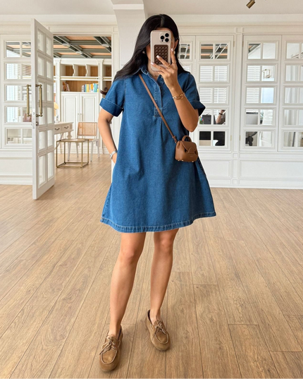 Frodo Polo Collar Double Sleeve Mini Jean Dress
