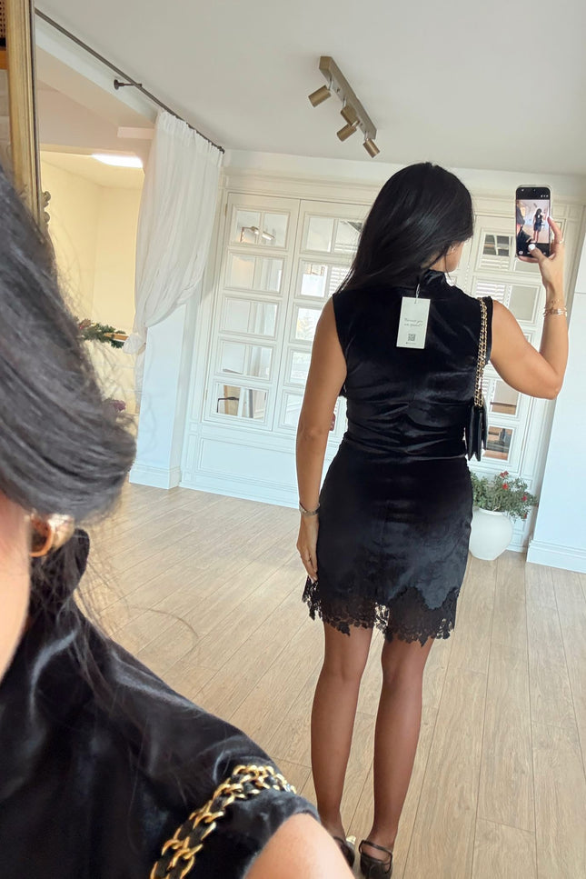 Astral Black Draped Velvet Dress with Lace Hem - Sleeveless Elegant Design