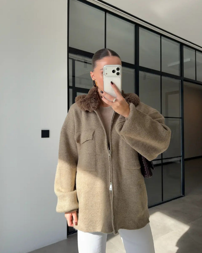 Luxe Knit Zip Jacket with Fur Collar - Taupe