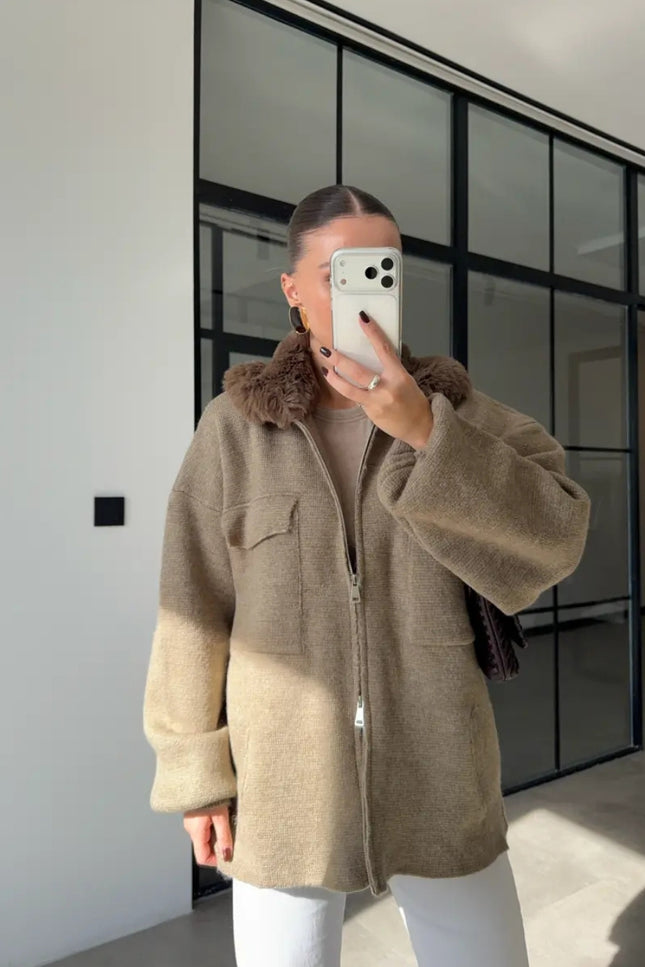 Luxe Knit Zip Jacket with Fur Collar - Taupe
