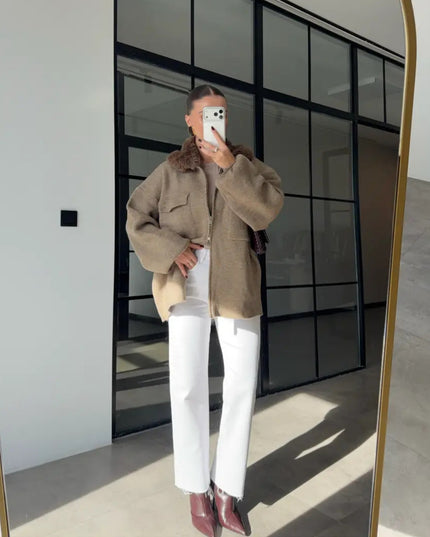 Luxe Knit Zip Jacket with Fur Collar - Taupe