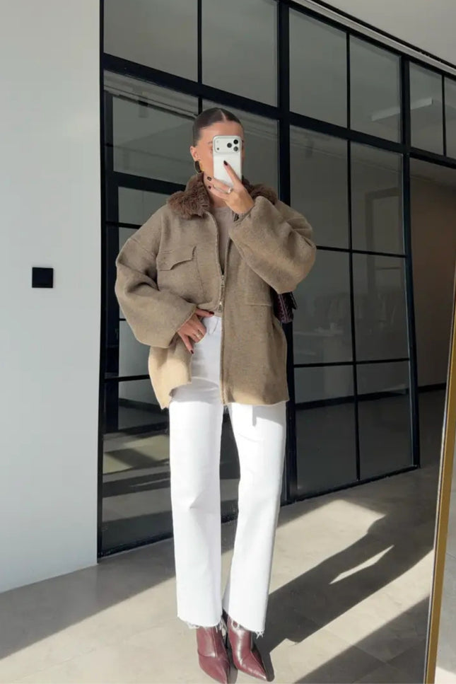 Luxe Knit Zip Jacket with Fur Collar - Taupe