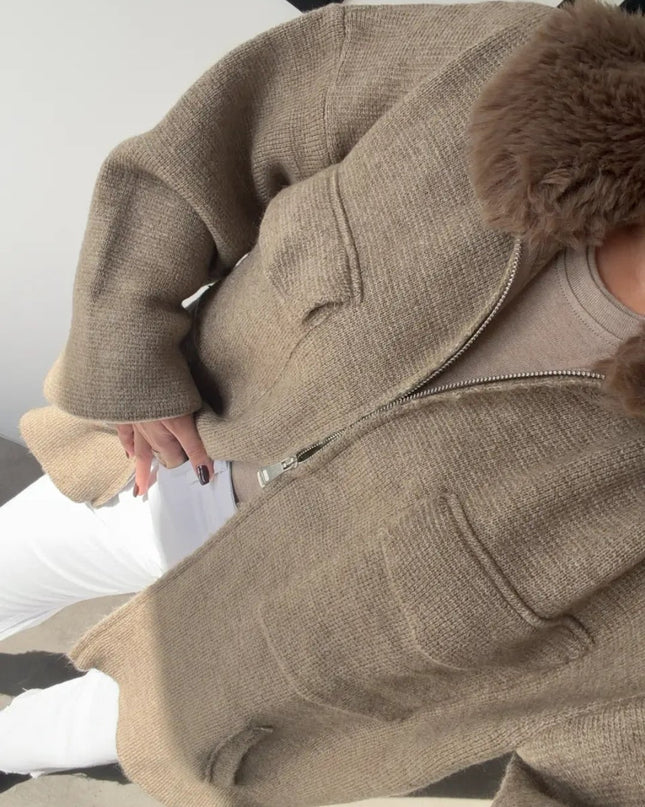 Luxe Knit Zip Jacket with Fur Collar - Taupe