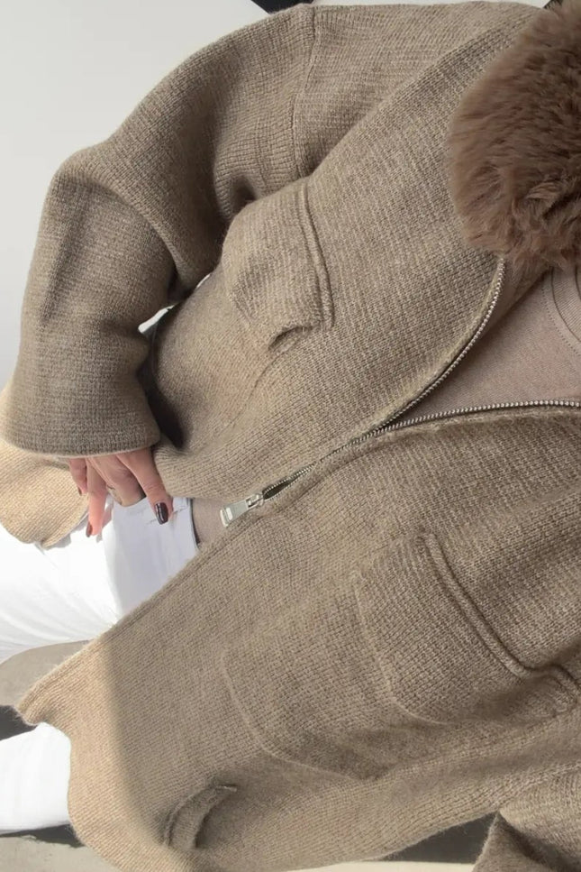 Luxe Knit Zip Jacket with Fur Collar - Taupe
