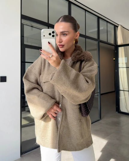 Luxe Knit Zip Jacket with Fur Collar - Taupe