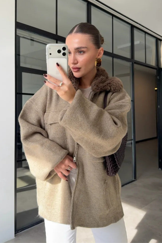 Luxe Knit Zip Jacket with Fur Collar - Taupe