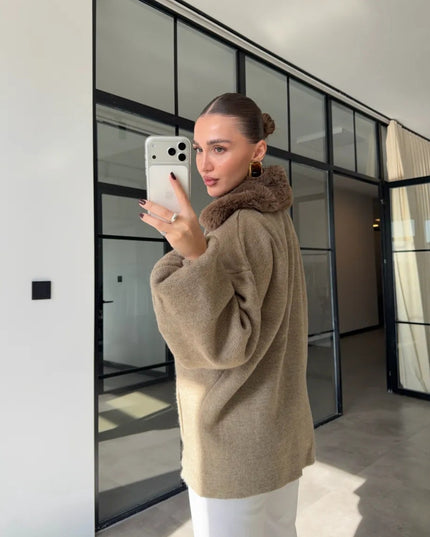 Luxe Knit Zip Jacket with Fur Collar - Taupe