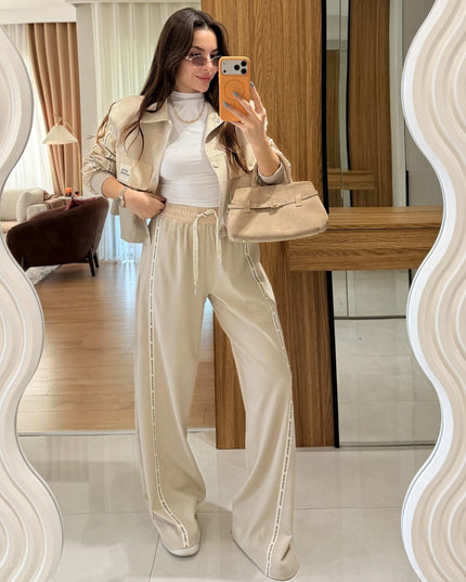 Elissa Set Pants-Jacket with Printed Edges - Beige (QUZU BRAND)