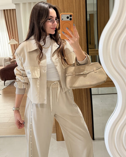 Elissa Set Pants-Jacket with Printed Edges - Beige (QUZU BRAND)