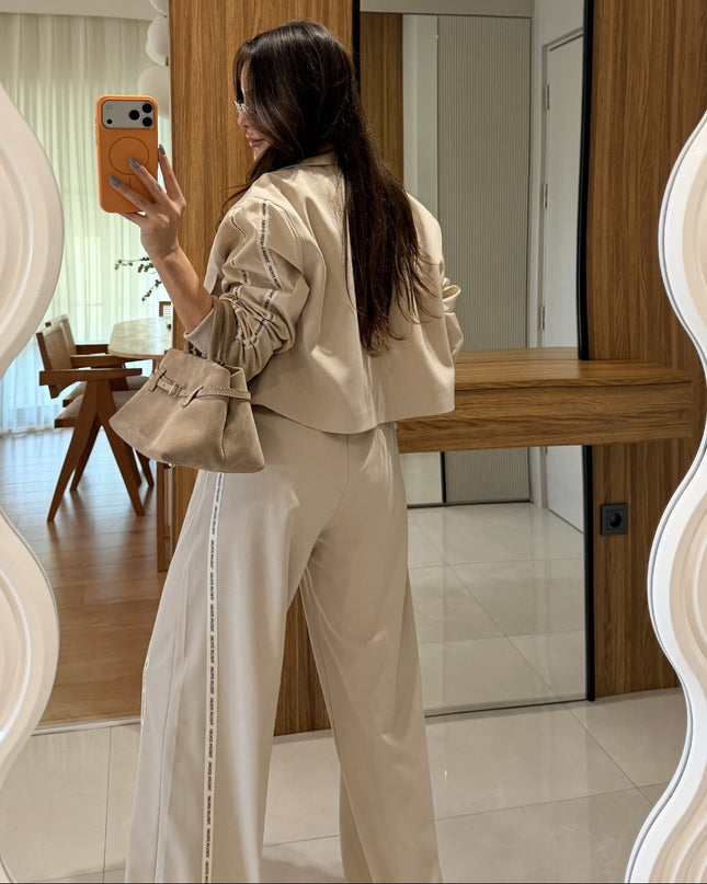 Elissa Set Pants-Jacket with Printed Edges - Beige (QUZU BRAND)