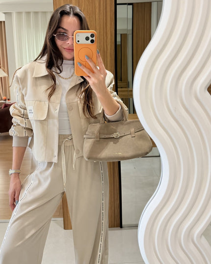 Elissa Set Pants-Jacket with Printed Edges - Beige (QUZU BRAND)