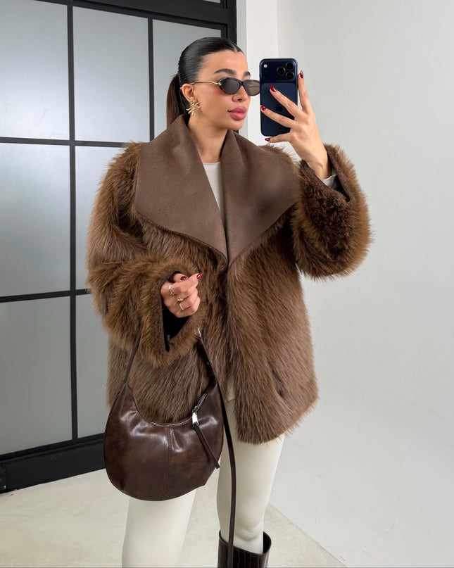 Luxurious Coffee Reversible Faux Fur Puffer Coat Chic Warm Winter Outerwear GAUS-00691