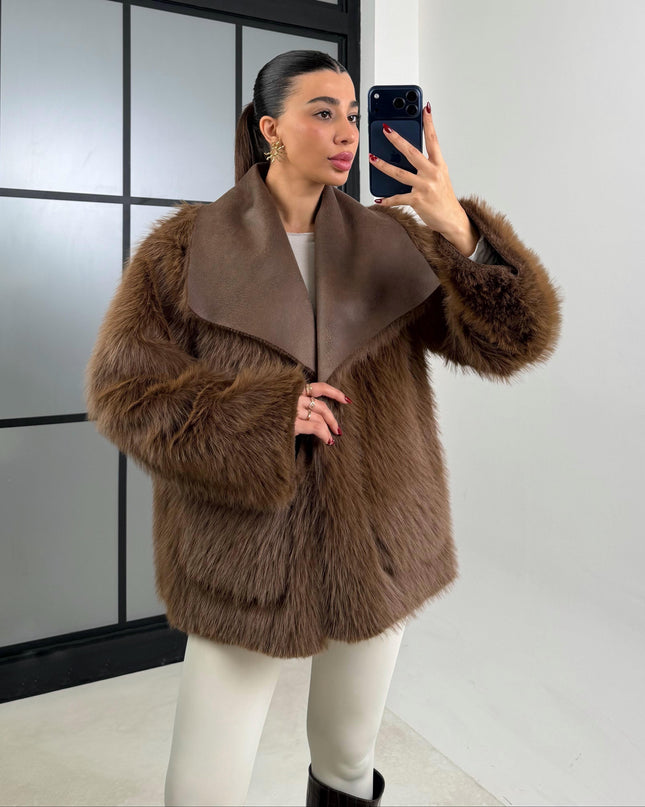Luxurious Coffee Reversible Faux Fur Puffer Coat Chic Warm Winter Outerwear GAUS-00691