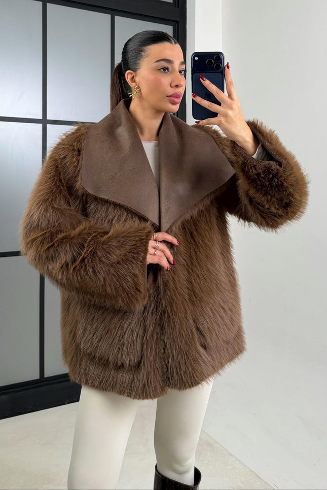 Luxurious Coffee Reversible Faux Fur Puffer Coat Chic Warm Winter Outerwear GAUS-00691