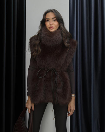 Bitter Coffee Faux Fur Sleeveless Sweater Vest with Chic Leather Detail