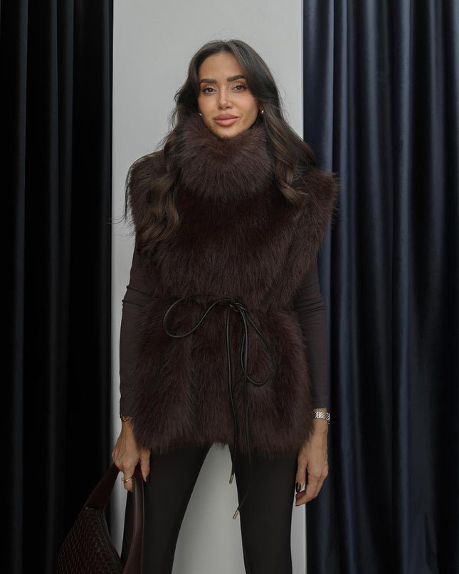 Bitter Coffee Faux Fur Sleeveless Sweater Vest with Chic Leather Detail