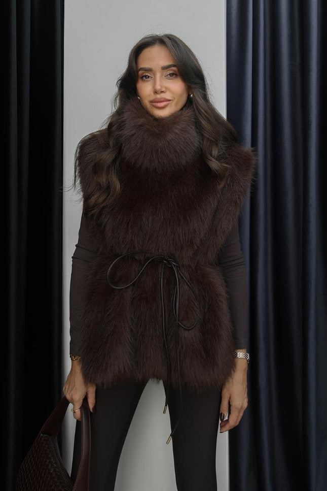 Bitter Coffee Faux Fur Sleeveless Sweater Vest with Chic Leather Detail