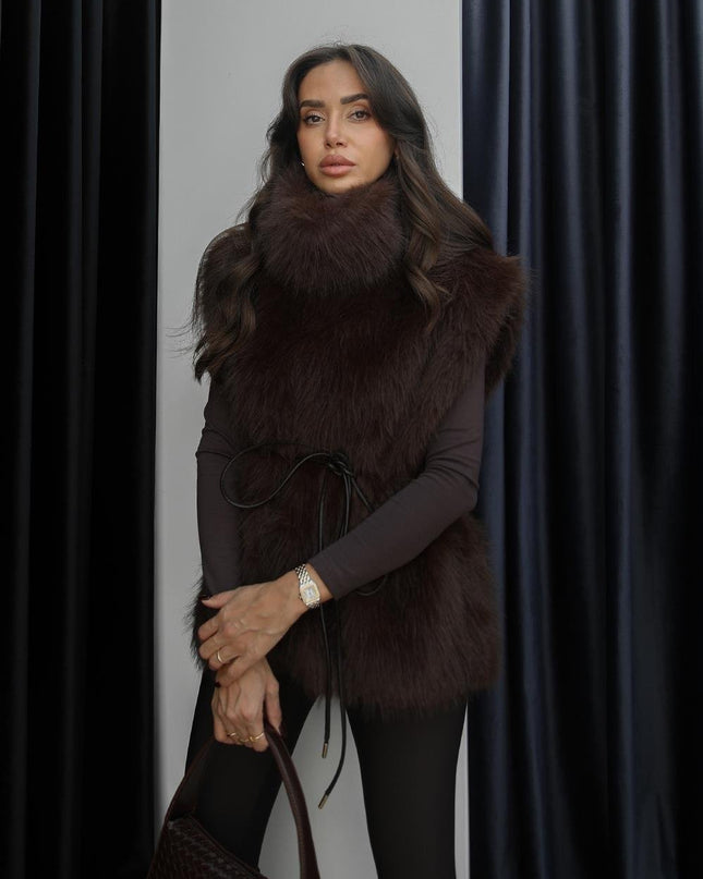 Bitter Coffee Faux Fur Sleeveless Sweater Vest with Chic Leather Detail