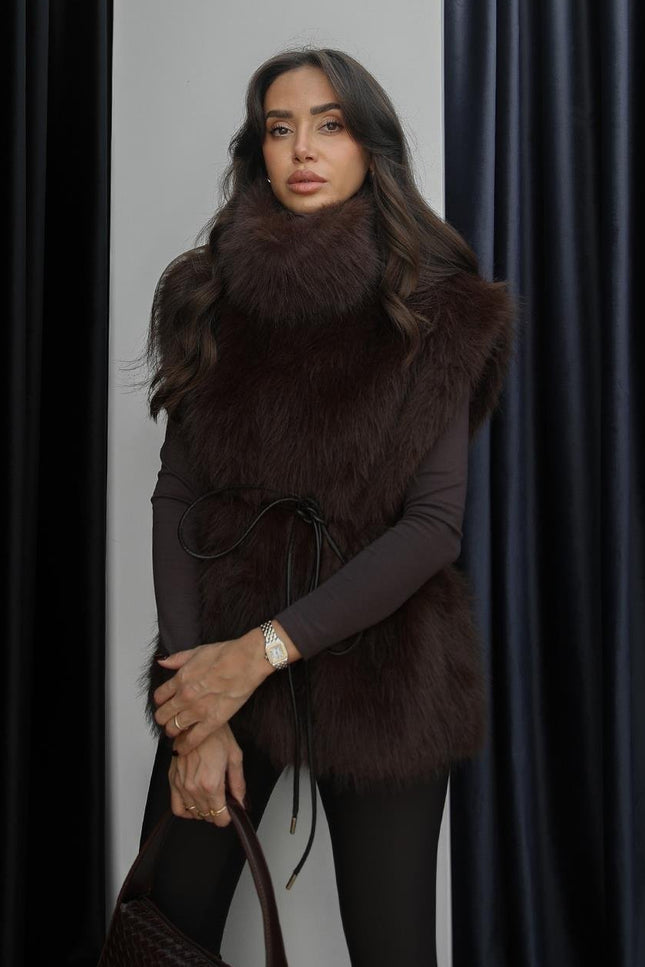 Bitter Coffee Faux Fur Sleeveless Sweater Vest with Chic Leather Detail