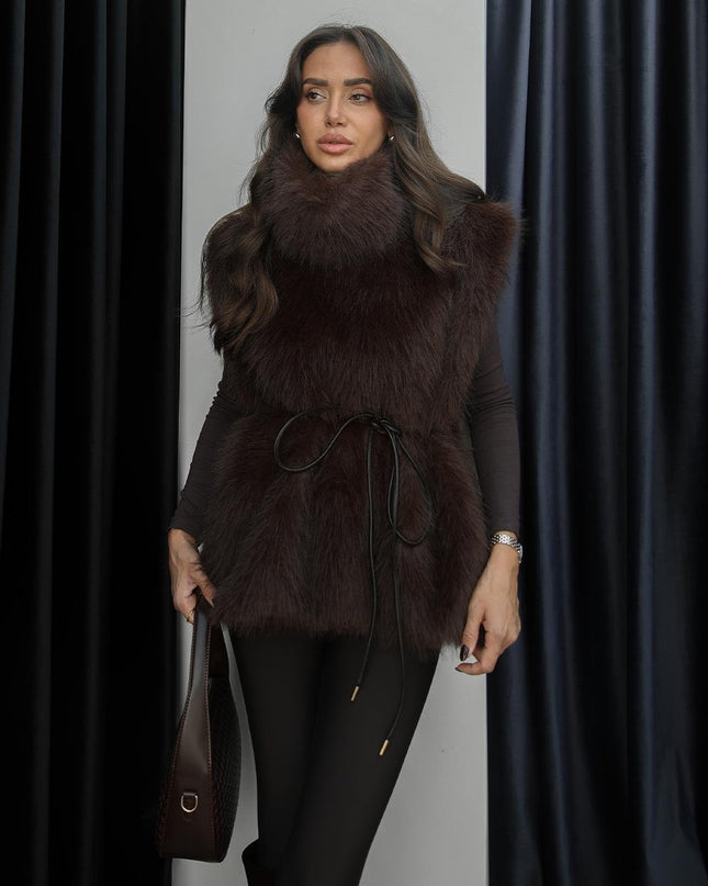 Bitter Coffee Faux Fur Sleeveless Sweater Vest with Chic Leather Detail