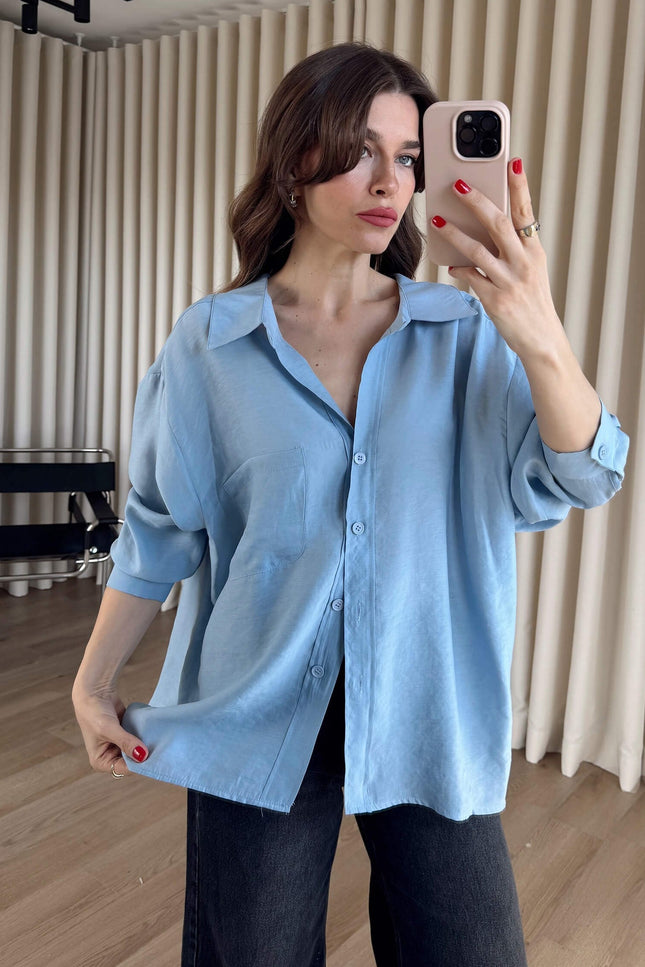 Açık Mavi Oversize Modal Kumaş Gömlek