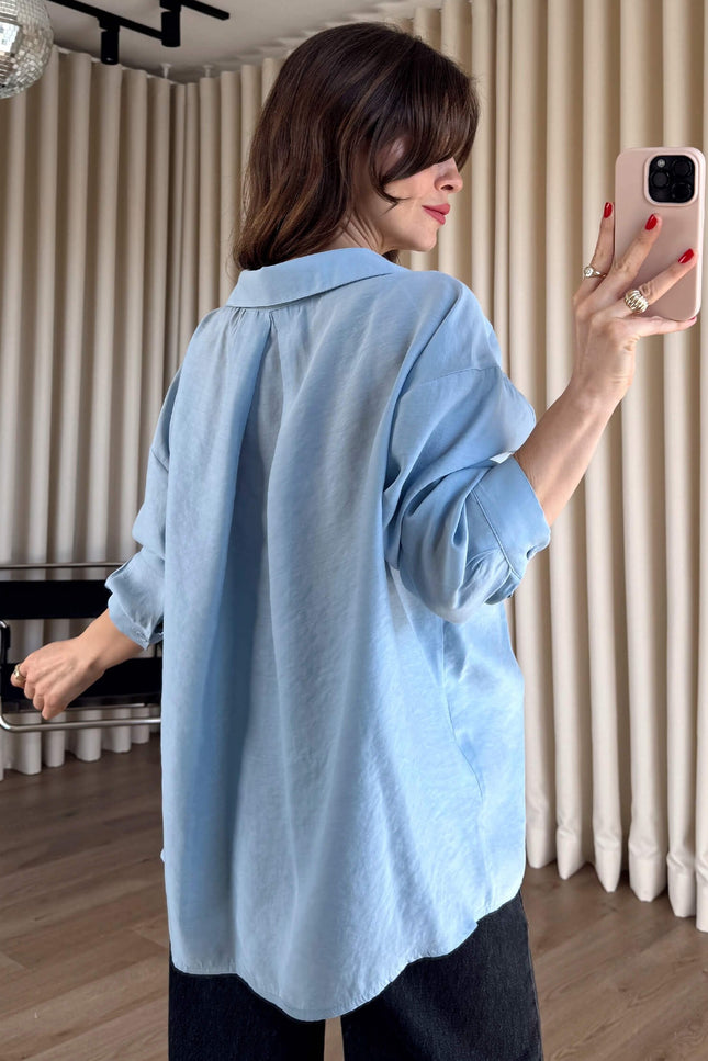 Açık Mavi Oversize Modal Kumaş Gömlek