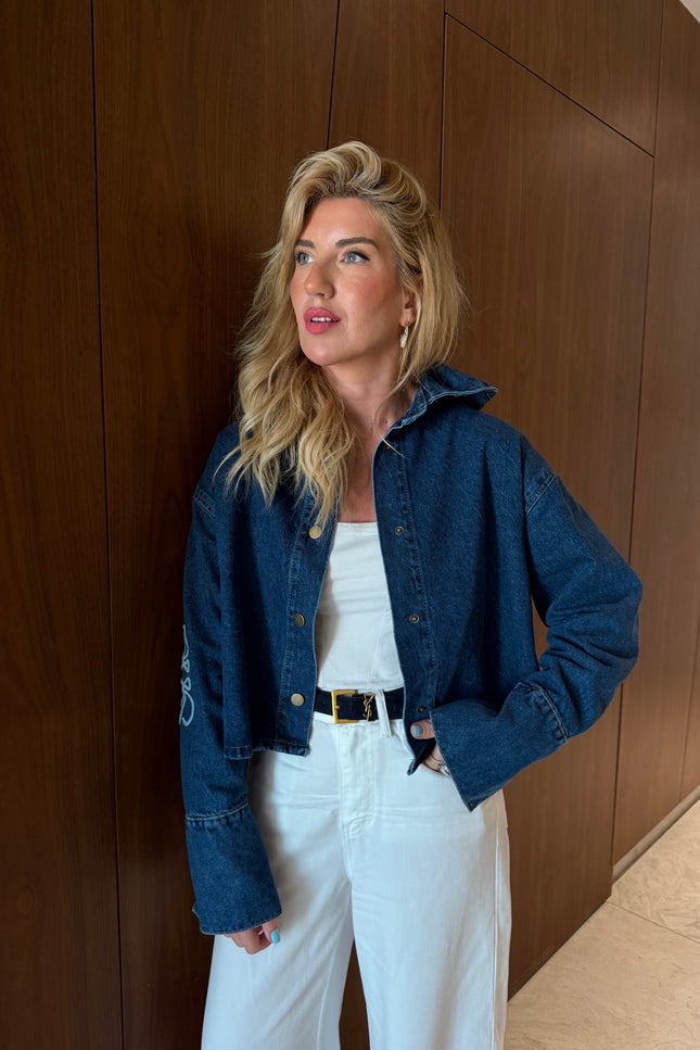 Navy Sleeve-Embroidered Hooded Premium Jean Jacket
