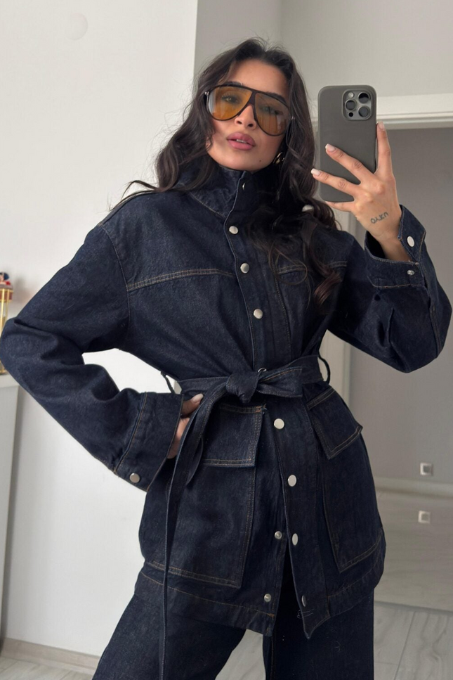 Leroy Snap-Zip Denim Jacket With Pants, Navy Blue