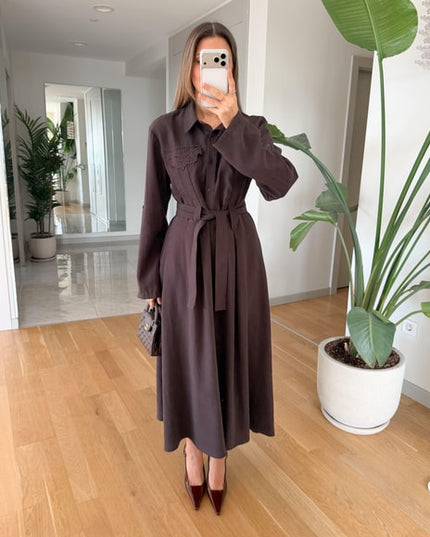 Andel Kapak Cepli Kuşaklı Elbise - Kahve