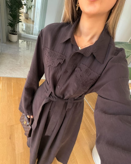 Andel Kapak Cepli Kuşaklı Elbise - Kahve