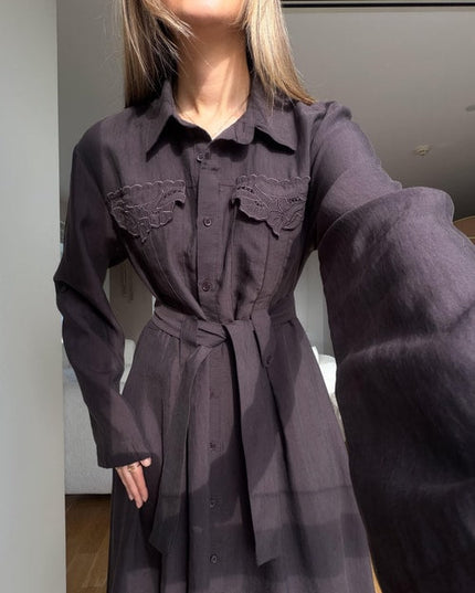 Andel Kapak Cepli Kuşaklı Elbise - Kahve