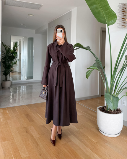 Andel Embroidered Detail Pocketed Midi Dress - Brown