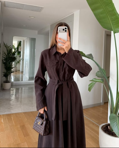 Andel Kapak Cepli Kuşaklı Elbise - Kahve