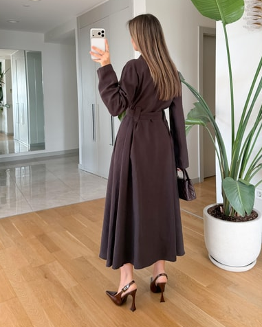 Andel Embroidered Detail Pocketed Midi Dress - Brown