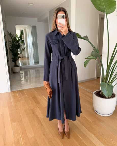 Andel Kapak Cepli Kuşaklı Elbise - Lacivert