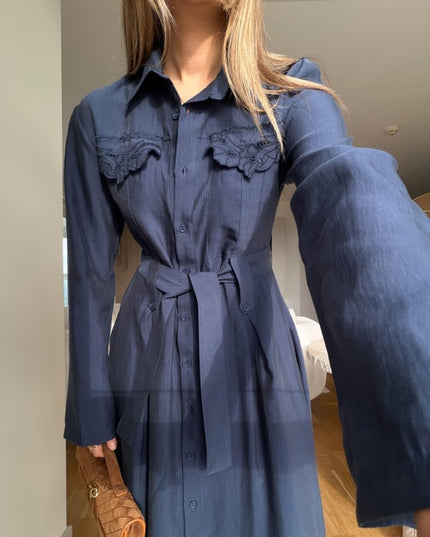 Andel Kapak Cepli Kuşaklı Elbise - Lacivert