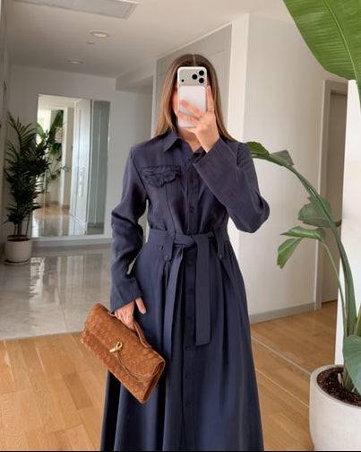 Andel Kapak Cepli Kuşaklı Elbise - Lacivert