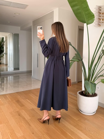 Andel Embroidered Detail Pocketed Midi Dress - Navy