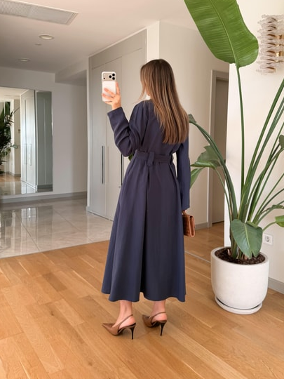 Andel Embroidered Detail Pocketed Midi Dress - Navy