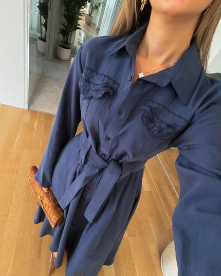 Andel Kapak Cepli Kuşaklı Elbise - Lacivert