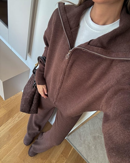 Ayer Women's Hooded Knit Lounge Set - Coffee Brown Comfortable Tracksuit