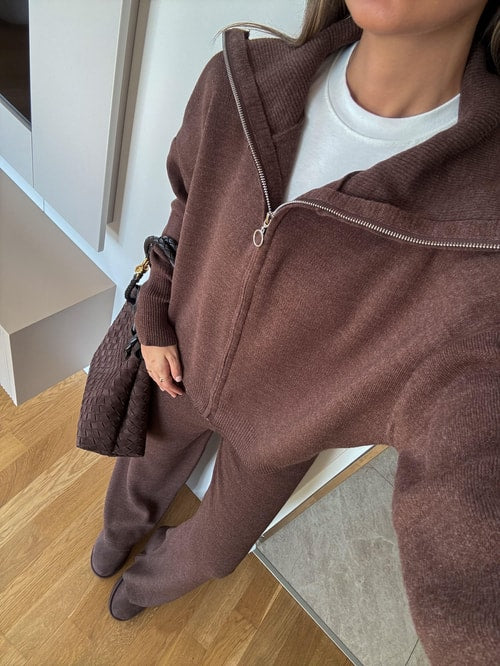 Ayer Women's Hooded Knit Lounge Set - Coffee Brown Comfortable Tracksuit