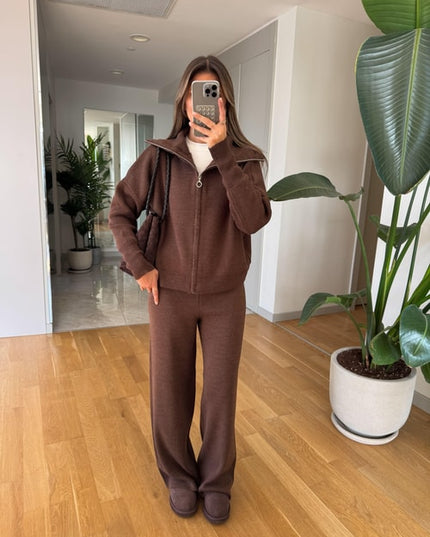 Ayer Women's Hooded Knit Lounge Set - Coffee Brown Comfortable Tracksuit