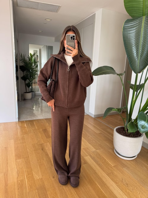 Ayer Women's Hooded Knit Lounge Set - Coffee Brown Comfortable Tracksuit
