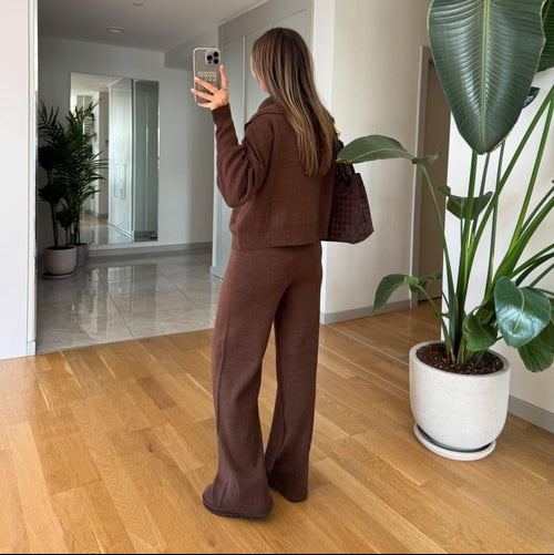 Ayer Women's Hooded Knit Lounge Set - Coffee Brown Comfortable Tracksuit
